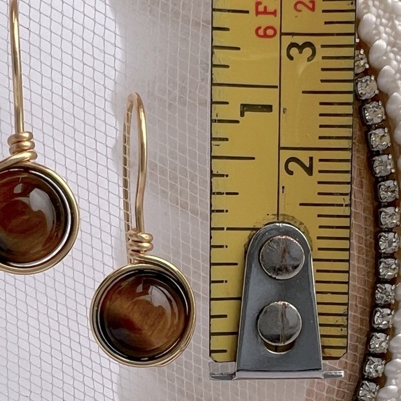 Tigers Eye Gold Wire Wrapped Minimalist Earrings - Picture 6 of 12